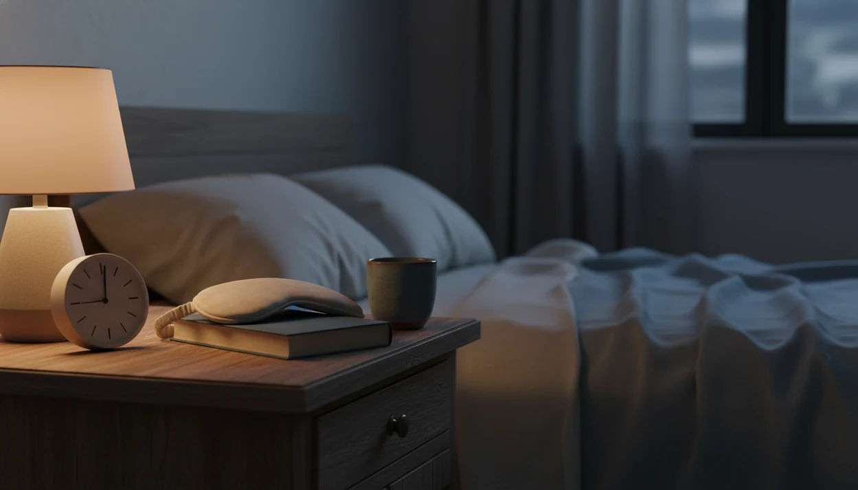 A calm bedside routine setup with a dim lamp, clock, book, sleep mask, and cup on a nightstand.