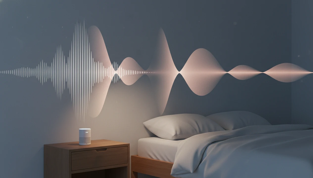 A bedside speaker emits contrasting white and pink sound waves in a calm nighttime bedroom.